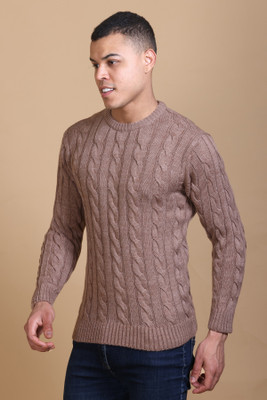 DZANT Self Design Round Neck Casual Men Beige Sweater