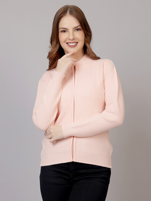 FEVERFEW Self Design High Neck Casual Women Orange Sweater