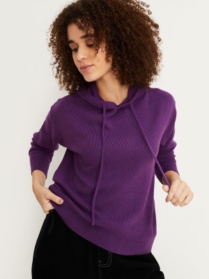 MAX Solid Hooded Neck Casual Women Purple Sweater