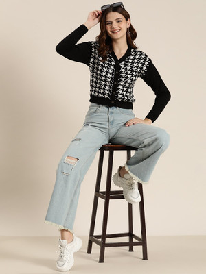 HERE&NOW Self Design V Neck Casual Women Black, White Sweater