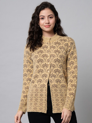 eWools Printed Round Neck Party Women Gold Sweater