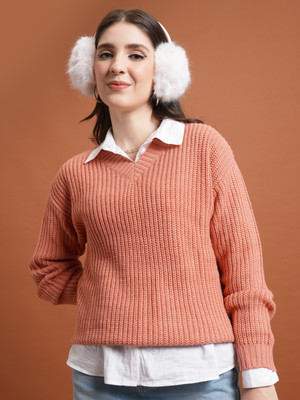 Tokyo Talkies Solid V Neck Casual Women Orange Sweater