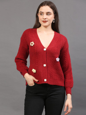 The Sleep Intimo Self Design V Neck Casual Women Maroon Sweater