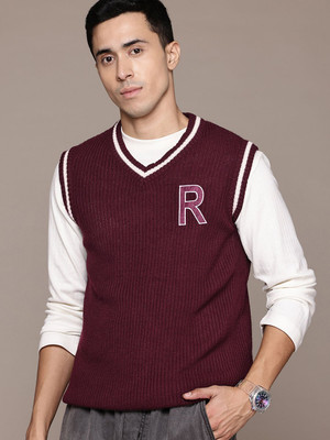 Roadster Printed V Neck Casual Men Brown Sweater