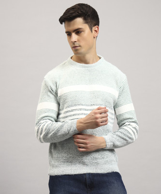 DIMSYCOLLECTION Striped Round Neck Casual Men Green, White Sweater