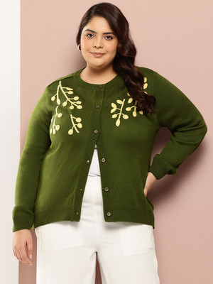 Sztori Embroidered Round Neck Casual Women Green Sweater