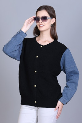 BlessIntimates Solid Round Neck Casual Women Black Sweater