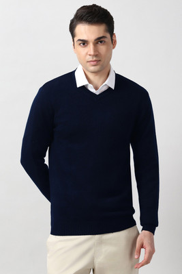 PETER ENGLAND Solid V Neck Casual Men Dark Blue Sweater