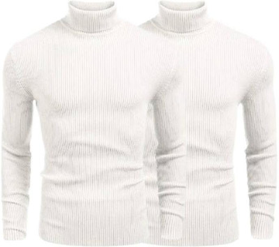 R ARHAN Solid Turtle Neck Casual Men White, White Sweater