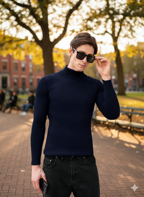 Nxtwin Self Design High Neck Casual Men Dark Blue Sweater