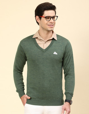 MONTE CARLO Solid V Neck Casual Men Green Sweater