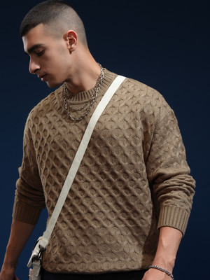 HIGHLANDER Self Design Round Neck Casual Men Brown Sweater