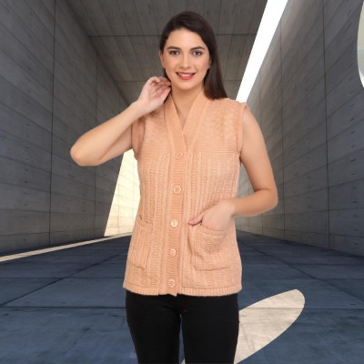 VAANYA Woven V Neck Casual Women Beige Sweater