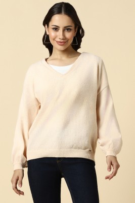 Allen Solly Solid V Neck Casual Women Beige Sweater