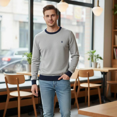 Carta Solid Round Neck Casual Men Grey Sweater