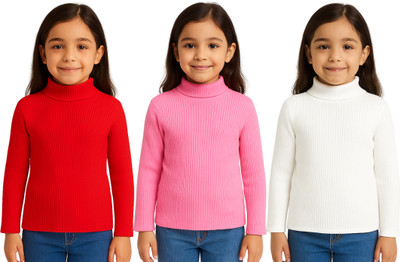 Chiclift Solid High Neck Casual Baby Girls Red, Pink, White Sweater