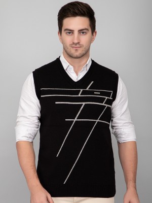 GODFREY Geometric Print V Neck Casual Men Black Sweater