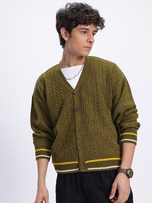 Glitchez Self Design V Neck Casual Men Green Sweater