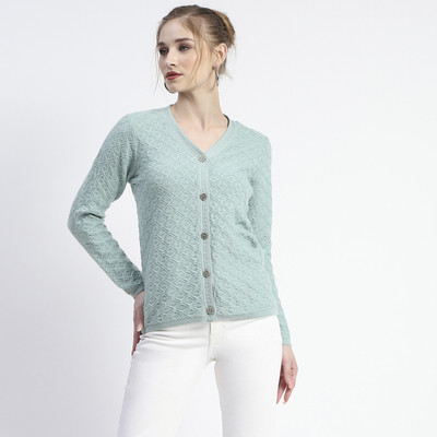 MADAME Self Design V Neck Casual Women Green Sweater