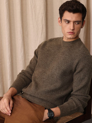 Mr Bowerbird Self Design Round Neck Casual Men Brown Sweater