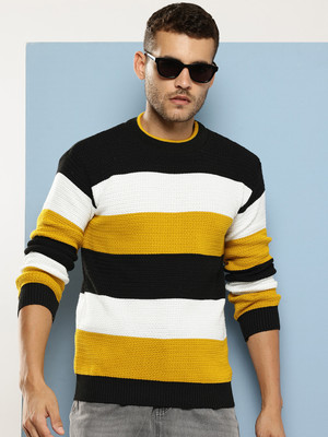 Aarika Striped Round Neck Casual Men Yellow Sweater