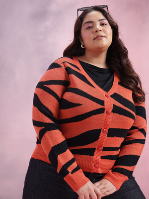 DressBerry Curve Woven V Neck Casual Women Red, Black Sweater