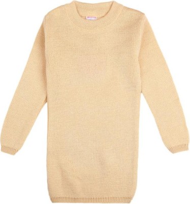 V-MART Solid Round Neck Casual Baby Girls Beige Sweater