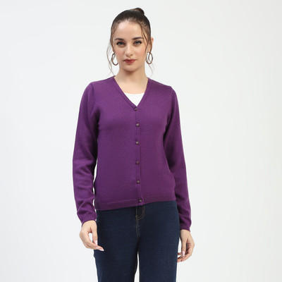 MADAME Solid V Neck Casual Women Maroon Sweater