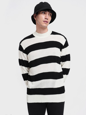 BEWAKOOF Striped Round Neck Casual Men Black Sweater