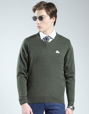 MONTE CARLO Solid V Neck Casual Men Green Sweater