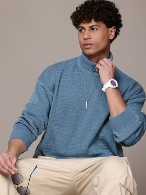 Roadster Self Design Turtle Neck Casual Men Blue Sweater