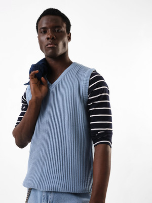 Hubberholme Self Design V Neck Casual Men Blue Sweater
