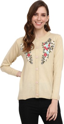 V-MART Embroidered Round Neck Casual Women Beige Sweater