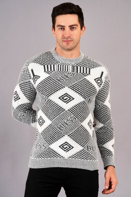 AXOLOTL Geometric Print Round Neck Casual Men Black Sweater