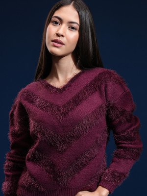 Tokyo Talkies Self Design Round Neck Casual Women Purple Sweater