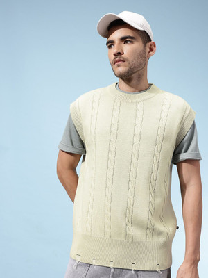Glitchez Self Design Round Neck Casual Men Green Sweater