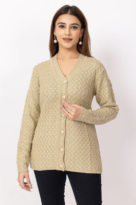 Dodge Self Design V Neck Casual Women Beige Sweater