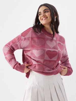The Souled Store Graphic Print Round Neck Casual Women Pink Sweater