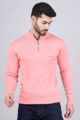 FEVERFEW Self Design High Neck Casual Men Pink Sweater