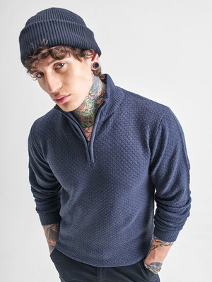HIGHLANDER Solid High Neck Casual Men Blue Sweater