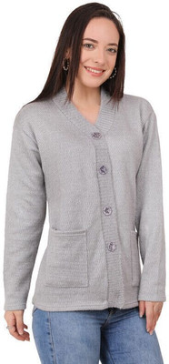 manra Solid V Neck Casual Women Grey Sweater