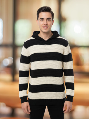 Looks United Striped Hooded Neck Casual Men Black Sweater