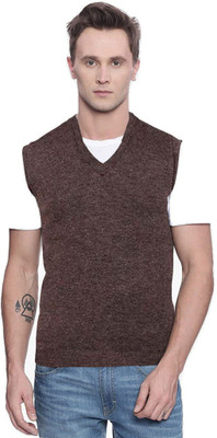 Shunit creation Solid V Neck Casual Men Brown Sweater