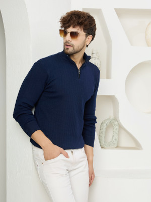 KVETOO Self Design High Neck Casual Men Dark Blue Sweater