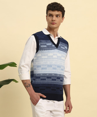 HERMISTON Colorblock V Neck Casual Men Blue Sweater