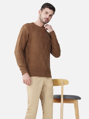 Joe Hazel Self Design Round Neck Casual Men Brown Sweater