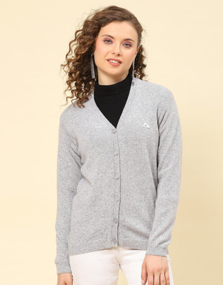 MONTE CARLO Solid V Neck Casual Women Grey Sweater