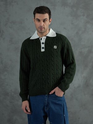 FUGAZEE Self Design Turtle Neck Casual Men Green Sweater