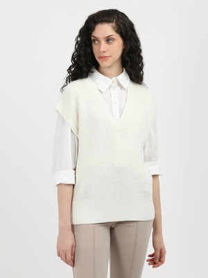 Calvin Klein Jeans Printed V Neck Casual Women White Sweater