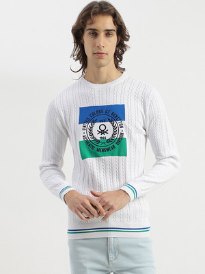 United Colors of Benetton Self Design Crew Neck Casual Men White Sweater